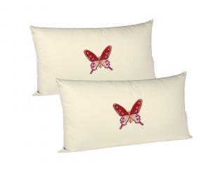 Fangomed Zirbenkissen - 2er Set - befüllt mit Tiroler Zirbenflocken - exklusiver Überzug mit genähter Bordüre - Farbe, Größe wählbar (20 x 30 cm - 2er Set, beige - mit Schmetterling)