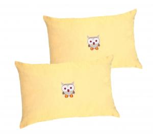 Fangomed Zirbenkissen - 2er Set - befüllt mit Tiroler Zirbenflocken - exklusiver Überzug mit genähter Bordüre - Farbe, Größe wählbar (20 x 30 cm - 2er Set, apricot - mit Eule braun)