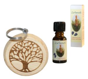 Fangomed Schlüsselanhänger aus Zirbenholz mit edler Gravur, im Set mit naturreinem Zirbenöl (mit Gravur Lebensbaum, mit Zirben-Öl 20ml)