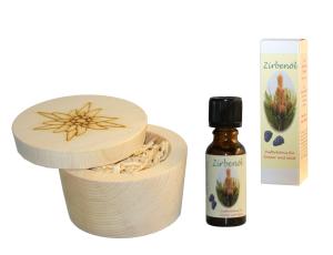 Fangomed Zirben-Duftset; edle Zirbenholz Schale samt schließbarem Deckel mit edler Gravur, inklusive naturreinem Zirbenöl (mit Deckel: Gravur Edelweiß, mit Zirben-Öl: 20ml)
