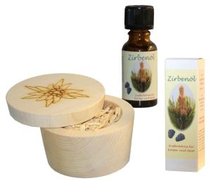 Fangomed Zirben-Duftset; edle Zirbenholz Schale samt schließbarem Deckel mit edler Gravur, inklusive naturreinem Zirbenöl (mit Deckel: Gravur Edelweiß, mit Zirben-Öl: 50ml)