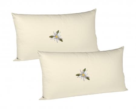 Fangomed Zirbenkissen - 2er Set - befüllt mit Tiroler Zirbenflocken - exklusiver Überzug mit genähter Bordüre - Farbe, Größe wählbar (20 x 30 cm - 2er Set, beige - mit Edelweiß)
