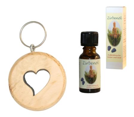 Fangomed Schlüsselanhänger aus Zirbenholz mit edler Gravur, im Set mit naturreinem Zirbenöl (gestanzt mit Herz, mit Zirben-Öl 20ml)