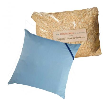 Tiroler Zirbenkissen - mit zusätzlich 500g Zirbenflocken/Späne zur Nachfüllung - Kissengröße wählbar (40 x 40 cm, blau - Bordüre blau)