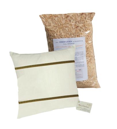 Tiroler Zirbenkissen - mit zusätzlich 500g Zirbenflocken/Späne zur Nachfüllung - Kissengröße wählbar (50 x 50 cm, beige - Bordüre oliv)