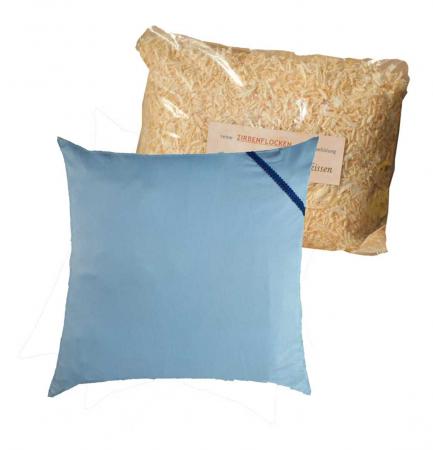 Tiroler Zirbenkissen - mit zusätzlich 500g Zirbenflocken/Späne zur Nachfüllung - Kissengröße wählbar (50 x 50 cm, blau - Bordüre blau)