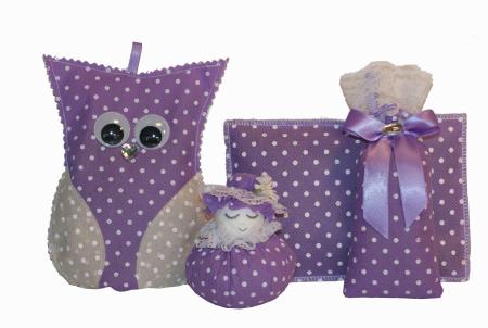Handmade Design - Lavendelsäckchen - Duftsäckchen - Duftkissen - Lavendelkissen mit echtem Lavendel (4er-Set: lila Eule - Puppe - Kissen - Säckchen, 1 x Set)