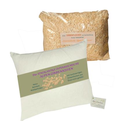 Tiroler Zirbenkissen - mit zusätzlich 500g Zirbenflocken/Späne zur Nachfüllung - Kissengröße wählbar (40 x 40 cm, beige)